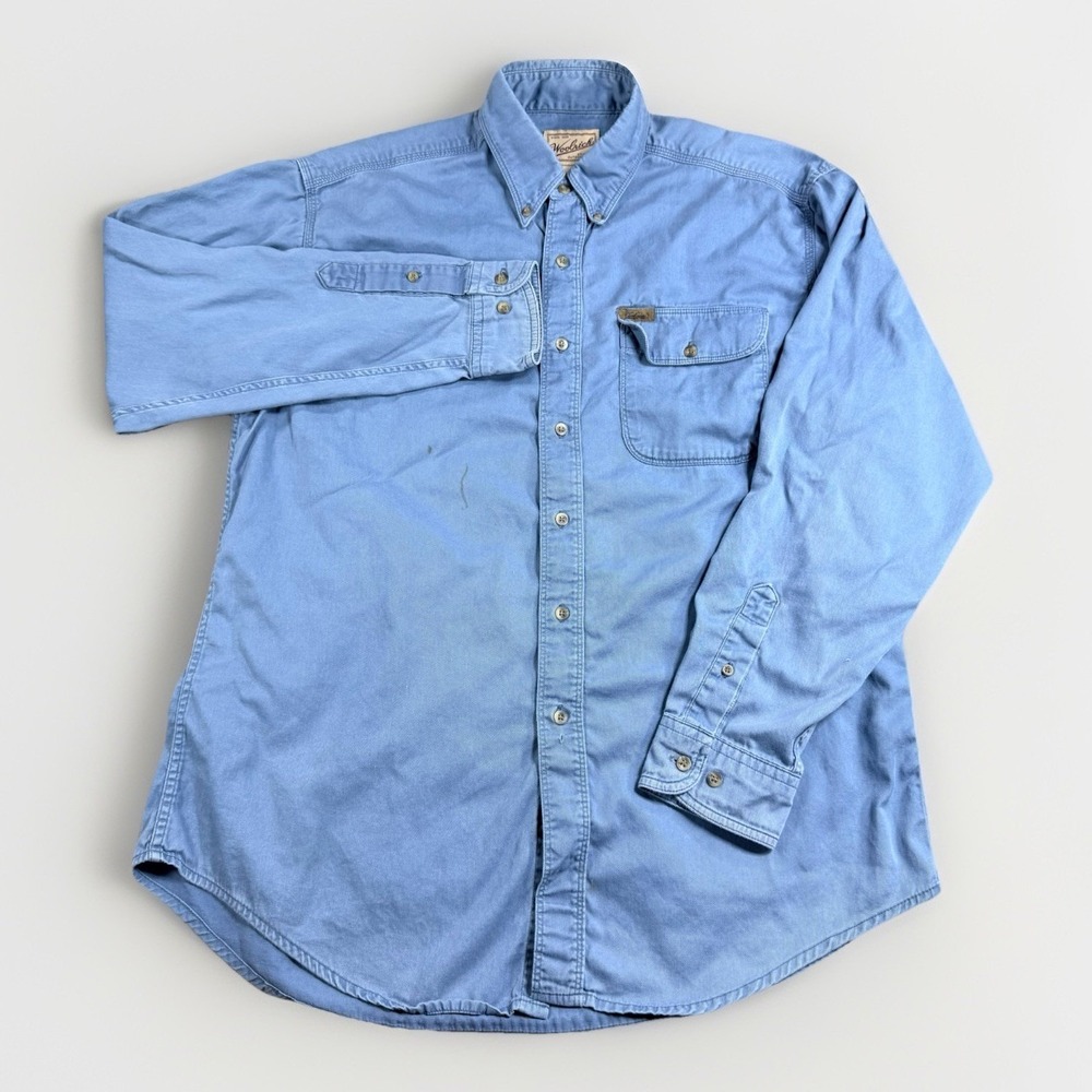 Woolrich Mens‎ Large Blue Cotton Twill Work Shirt Button Down Distressed Read